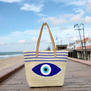Grand sac fourre-tout en paille grande capacité avec fermeture éclair, portable, résistant à l'eau, pour voyages en extérieur, sacs de plage d'été motif Evil Eyes pour femmes - Product Image 5