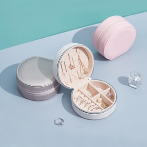 Wholesale <b>Small</b> Round Shape Luxury PU Leather Jewelry Organizer <b>Box</b> with Mirror Portable Earring Ring Pendant <b>Storage</b> Case - Product Image 1