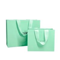Bolsa de Compras de Papel con Asa de Cinta Verde Menta, Refuerzo de Cinta de Satén, Cartulina Gruesa Mate, Logotipo Personalizado, Bolsa para Tienda Minorista OEM/ODM