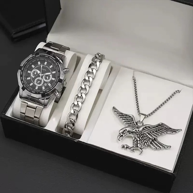 3PCS Men's Watch Set with Eagle Pendant Necklace and Stainless Steel Bracelet - Fashion Hip Hop Style Gift for Him