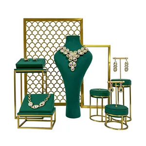 SKQ新款时尚2023珠宝展示商店奢华珠宝展示道具绿色超细纤维珠宝支架展示套装