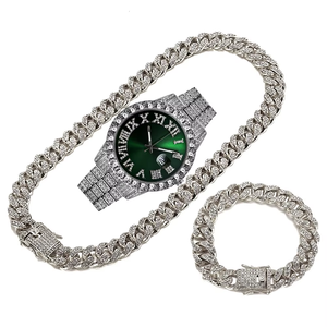 Relógio de Quartzo Unissex Barato com Strass Totalmente Cravejado, Pulseira de Corrente com Pingente de Colar Cubano Miami de 13mm, Mostrador de 40mm em Liga - Product Image 6
