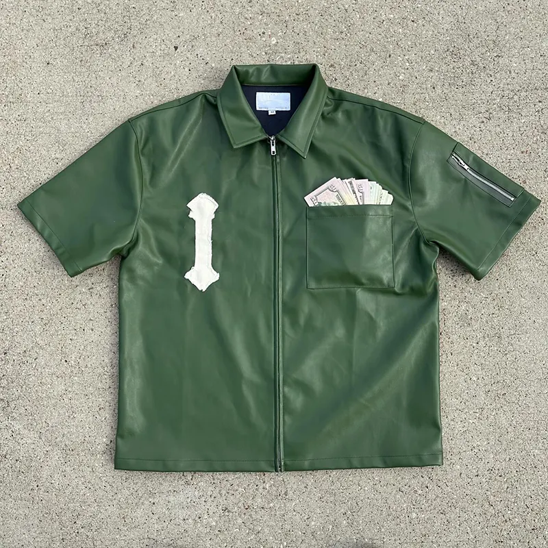 トップス AMERI FAKE LEATHER EMBROIDERY SHIRT Amiri Arts District Camp Faux Leather Short-Sleeve Shirt