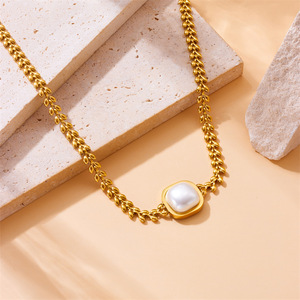 Pearl Square Wheat Ear Chain Gold Plated Necklace Geometric Design Everyday Wear - Product Image 2