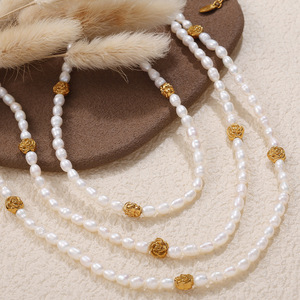 Freshwater Pearl Necklace And <b>Bracelet</b> <b>Set</b> With Gold Flower Charms For Women Party Jewelry Stainless Steel 18K Gold Plated - Product Image 2