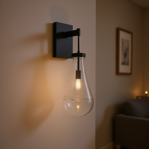 Lámpara de pared moderna de cristal transparente con pantalla de campana de hierro negro, luz LED E26 montada en la pared para sala de estar o pasillo. - Product Image 2
