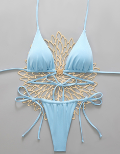 Conjunto de Bikini Azul Cielo para Mujer, Color Sólido, Detalle Metálico, Traje de Baño Sexy de Dos Piezas para Playa - Product Image 3