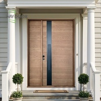 Porte pivotante extérieure en bois massif chêne et acajou, avec inserts de verre latéraux simples, sécurité de luxe personnalisée