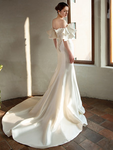 AL1094 Vestido <span class=keywords><strong>de</strong></span> Novia Estilo Sirena <span class=keywords><strong>de</strong></span> Satén Ligero con Un Solo Hombro y Cola <span class=keywords><strong>de</strong></span> Pez Retro con Decoración <span class=keywords><strong>de</strong></span> Encaje Elegante y Lujoso para Novia Nueva Colección <span class=keywords><strong>2022</strong></span> - Product Image 6