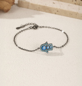 S925 Silver Hamsa Hand <b>Bracelet</b> With Blue Crystal Eyes Rhodium Plated Chain Link Unisex Everyday Wear Jewelry - Product Image 3