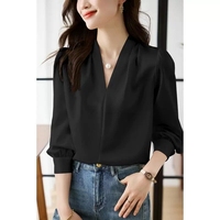 Chemise à col en V pour femmes pour le printemps, l'automne et l'été, couleur unie, bouton sur le devant, design simple, style mature, haut