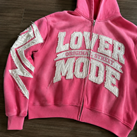 Survêtement rose zippé pour homme avec broderie lettres appliquées, patchwork à bords bruts et pantalon de survêtement large – Vente en gros
