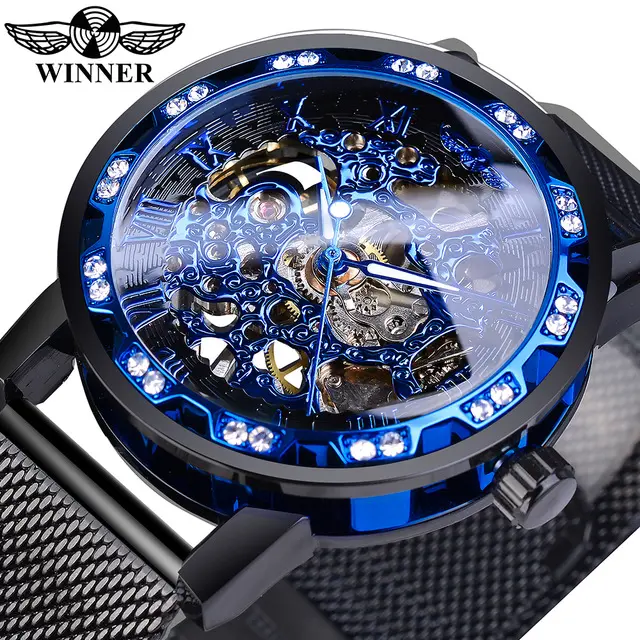 Relógio esqueleto mecânico para homens, vencedor homens relógio de negócios com display de diamante, mecânico, clássico, mecânico