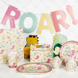 PAFU Pink Birthday Party Decorations Supplies for Girls Cupcake Topper Plate Napkin Cup Table cloth Dinosaur Party Tableware Set