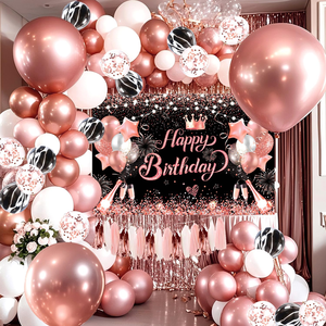 Conjunto de Balões de Feliz Aniversário em Ouro Rosé com Banner de Fundo para Fotos, Suprimentos para Festa de Aniversário em Ouro Rosé - Product Image 1