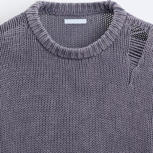 Suéteres lavados OEM y ODM con logotipo personalizado para hombre, Jersey de punto suelto rasgado, suéter de diseñador de algodón con cuello redondo para hombre - Product Image 6