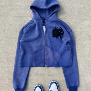 OEM Custom 100% Cotton French Terry Unisex Embroidered Distressed Rhinestone <b>Cropped</b> Boxy Fit <b>Zip</b> <b>up</b> <b>Hoodies</b> - Product Image 1