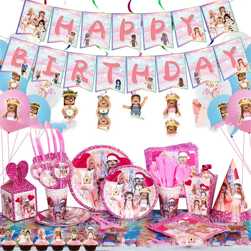 Розовый виртуальный мир тема День рождения набор украшений принадлежности бумажный лоток бумажное полотенце посуда