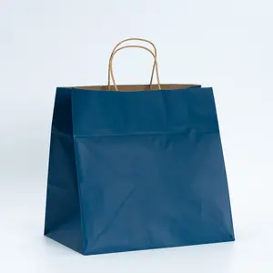 Sacola de compras azul com alça de corda biodegradável e ecológica com logotipo personalizado, sacola de papel Kraft para compras