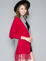 Cape Pashmina double face pour femme Automne/Hiver avec franges et manches, mélange cachemire, style manteau