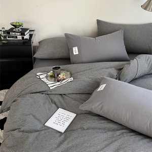 Ensemble de literie en coton lavé toutes saisons - Élégant motif à carreaux gris, collection de housse de <span class=keywords><strong>couette</strong></span> minimaliste 4 pièces - Product Image 4