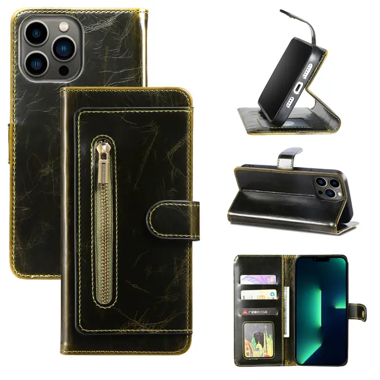 Hot Selling Produkte Leder Handy hülle Buch Flip Wallet mit Stand funktion Kartens teck platz Reiß verschluss Schutzhülle für iPhone 14
