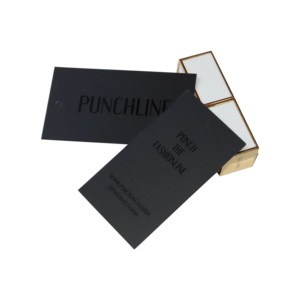 Custom high quality black cardboard paper hang tag with printed white UV LOGO for clothes garment luggage wig shoe swing tags - Product Image 5