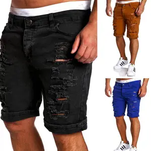 Custom Destroy Mens Jeans Short Summer Blue Black White Frayed Hole Knee Length Casual Edge Denim Shorts Men