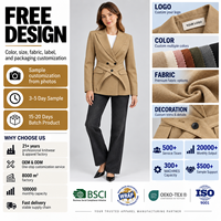 Blazer kaki uni pour femme en tissu peigné respirant, veste à manches longues croisée avec fermeture boutonnée et ceinture, coupe droite