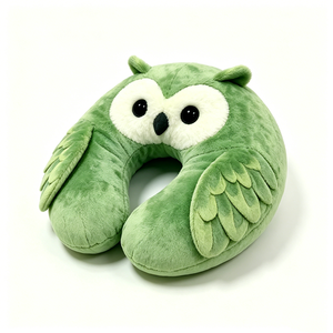 Almohada de cuello Green Owl, almohada de viaje suave de felpa en forma de U con alas bordadas y ojos grandes, soporte para el cuello para niños en avión/coche - Product Image 1