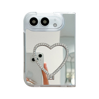 Étui de téléphone miroir de luxe avec strass en forme de cœur, support intégré et cordon perlé, coque transparente antichoc pour iPhone Duo Fold
