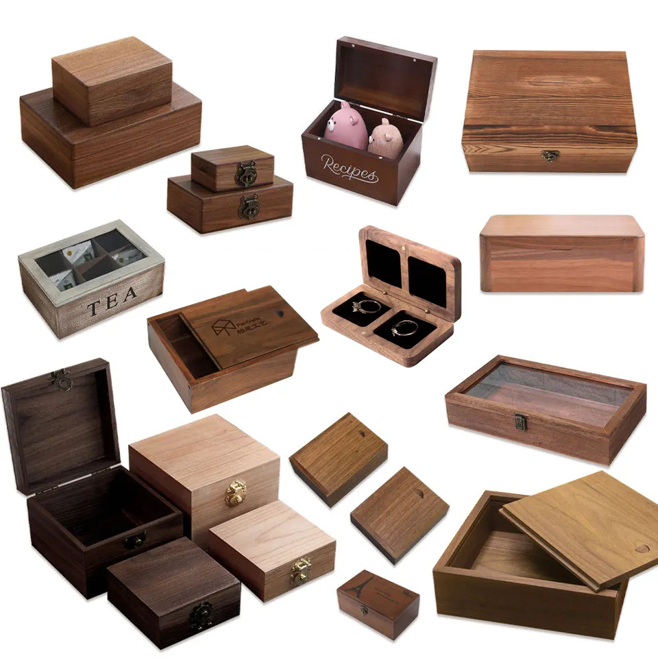 Wholesale dark brown custom size small large display keepsake walnut wooden bamboo packaging boxes with hinged sliding lid