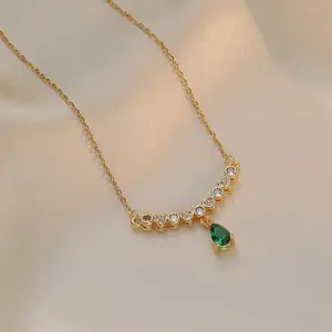 2023 New Diamond Love Emerald Zircon Teardrop Pendant Stainless Steel Chain Necklace Accessories Jewelry for Women