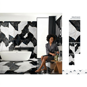 Carreaux de marbre en porcelaine émaillée brillante Perlato Black 600x1200mm, Inde, pour intérieur et extérieur, grands carreaux de sol en marbre en porcelaine - Product Image 1