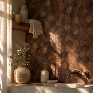 Mosaïque hexagonale en bois de noyer noir naturel récupéré <span class=keywords><strong>pour</strong></span> revêtement mural intérieur de luxe <span class=keywords><strong>pour</strong></span> la décoration d'hôtels et d'espaces commerciaux - Product Image 6