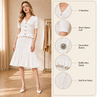 Robe Mini en Maille Élégante Printemps-Été 2026 pour Femme, Col en V, Boutons Creux en Strass, Manches Courtes Ajustées, Ourlet Volanté