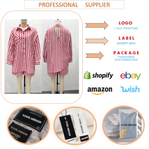 Conjunto Casual Elegante de Dos Piezas para <span class=keywords><strong>Mujer</strong></span> SH7337, Ropa de Calle, Camisa Holgada Estampada a Rayas de Manga Larga y Pantalones Cortos - Product Image 6