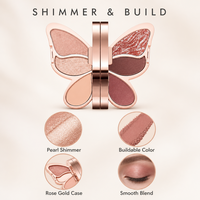 Palette de fards à paupières secs en forme de papillon, quatre couleurs, nacré, étui rose doré, waterproof, éclatant, scintillant, modulable, longue tenue