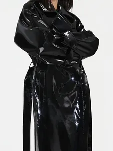 Manteau trench en cuir verni brillant à col rabattu avec ceinture pour <span class=keywords><strong>femme</strong></span>, style gothique, en similicuir PU, manches longues, sur mesure pour l'hiver - Product Image 5