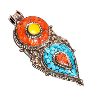 Joyería fina de plata tibetana, joyería colgante de plata de lapislázuli coral turquesa natural, proveedor de joyería de piedras preciosas antiguas - Product Image 2