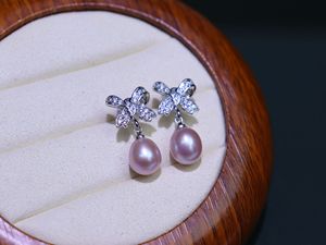 Классические женские элегантные 18 карат Позолоченные циркониевые пресноводные жемчужные ленты галстук-бабочка серьги-гвоздики - Product Image 2