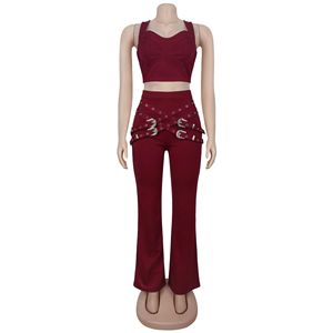 เสื้อสายเดี่ยวทรงสปาเกตตี้พร้อมกางเกงแต่งเข็มขัดชุด2ชิ้นแฟชั่นแบบลำลองสำหรับผู้หญิง - Product Image 6