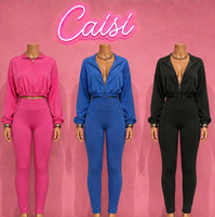 Nouveaux ensembles décontractés pour femmes, ensembles deux pièces, haut court à manches longues avec fermeture éclair et pantalon, épaules tombantes, vêtements de sport