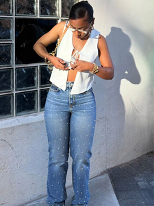Jeans de Pierna Ancha de Talle Grande <span class=keywords><strong>para</strong></span> Mujer, Lavado Claro, con Pedrería y Lunares, Cintura Alta, Ajuste Holgado, <span class=keywords><strong>Pantalones</strong></span> Vaqueros, Ropa de Calle Moderna <span class=keywords><strong>para</strong></span> <span class=keywords><strong>Fiesta</strong></span> - Product Image 4