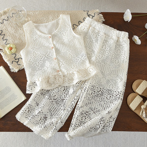 Set Estivo in Cotone Bianco per Ragazze, Due Pezzi con Top Senza Maniche e <span class=keywords><strong>Pantaloni</strong></span> a Gamba Larga, Completo 2 Pezzi per Bambine - Product Image 1
