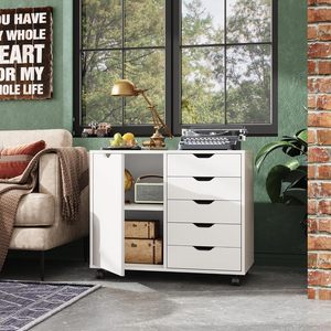 Armadio comò in legno a 5 cassetti con porta, armadietto <span class=keywords><strong>mobile</strong></span>, supporto per stampante adatto per l'home office - Product Image 2