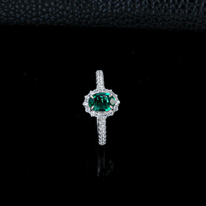 S925 <b>Silver</b> Lab-Grown <b>Emerald</b> <b>Ring</b>, Oval Cut Halo Pave Diamond Luxury Engagement Promise <b>Ring</b> For Women K - Product Image 3