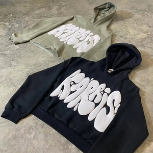 Fabricant de sweats à capuche, streetwear, sweats à capuche à bords coupés, logo imprimé en relief 3D personnalisé, sweats à capuche surdimensionnés à ourlet brut, 500 g/m², pour hommes - Product Image 4