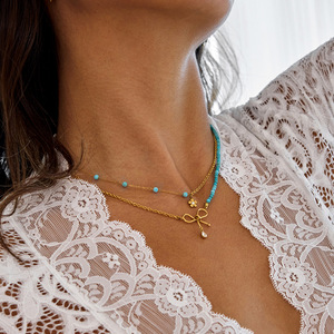 Collier pendentif en acier inoxydable avec perles turquoise bleues, design nœud papillon, bijoux cadeau - Product Image 3
