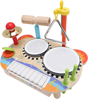 Table d'activités musicales en bois certifiée pour enfants, jouet sensoriel multi-instruments avec piano, tambours, cymbales et triangle, favorise le rythme